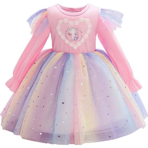 Unicorn Dress for Girls Childrens Clothing Long Sleeve Rainbow Color Sequined Lace Princess Dresses Birthday Celebrate Costume