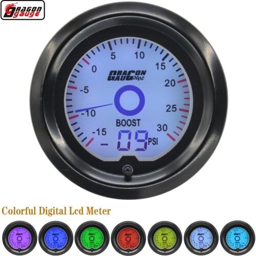 Dragon 52mm Digital LCD Pointer 7 Colors Backlight Car Turbo Boost Gauge -15~30 PSI Press Meter Sensor Free Shipping