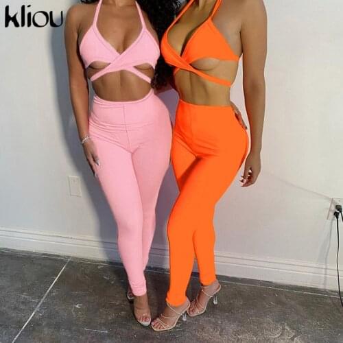 Kliou Active Halter Top And Pants Matching Sets Backless Solid Summer 2021 Skinny Slim Two Piece Sets For Women Casual Sporty