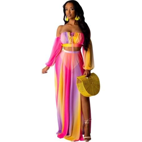 Echoine Colorful Print 2 Piece Set Boho Long Skirt Set Off-shoulder Strapless Crop Top Sexy Sheer Mesh Beach Party Club Outfits