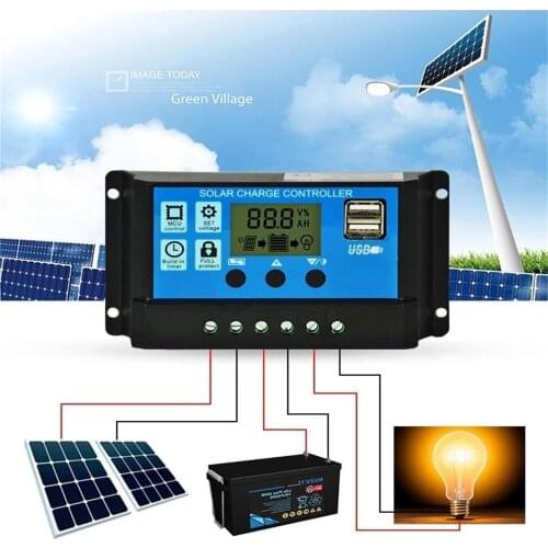 10/20A Solar Charge Controller 12V/24V Solar Panel Battery Regulator Charge Controller Dual USB Tool Solar System Controller