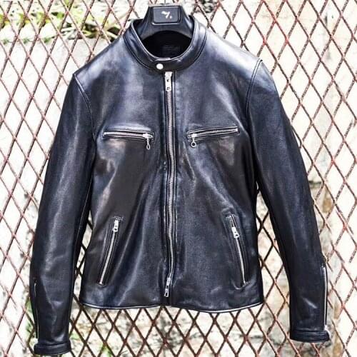 Japanese Stand-up Collar Motorcycle Casual Leather Jacket Men Factory Direct Water Wash Vegetable Tanned Sheepskin Coat