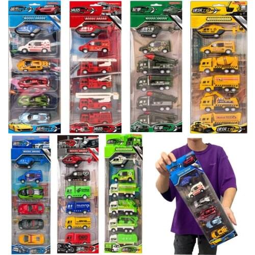 6Pcs Car Model Toy Fire Truck Airplane Police Engineering Model for Boys Christmas Gift Diecast 1/64 Voiture Pull Back Car Toys