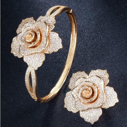 Fashion Camellia Rose Bracelet Ring Dubai Jewelry Set Paved AAA Zircon Stone Best Gift for Women Party Mothers Day