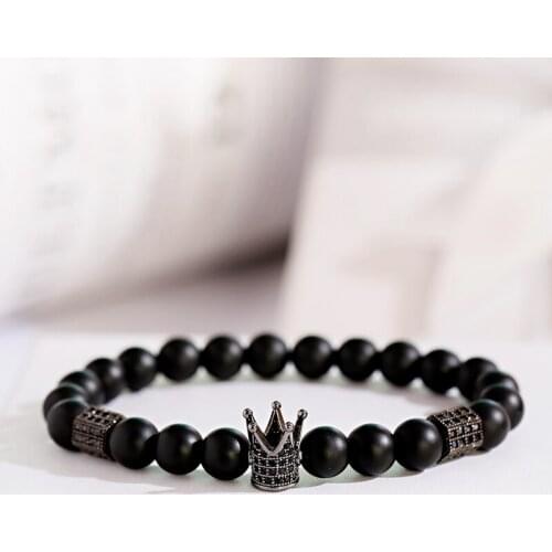 Fashion Micro Pave Cubic Zircon Crown Charm Bracelets & Bangles Men Trendy Black Matte Stone Beads Bracelet Jewelry