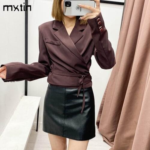 MXTIN 2021 Women Spring Fashion Solid Short Jacket Coat Vintage Turn-down Collar Long Sleeve Belt Outerwear Casual Chic Tops
