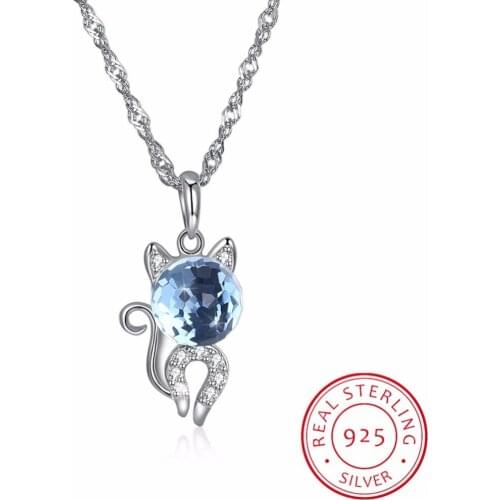 Lekani Crystals From Swarovski Cute Cat Pendants Necklaces Real 925 Silver Chain Collars For Women Girls Fine Animal Jewelry