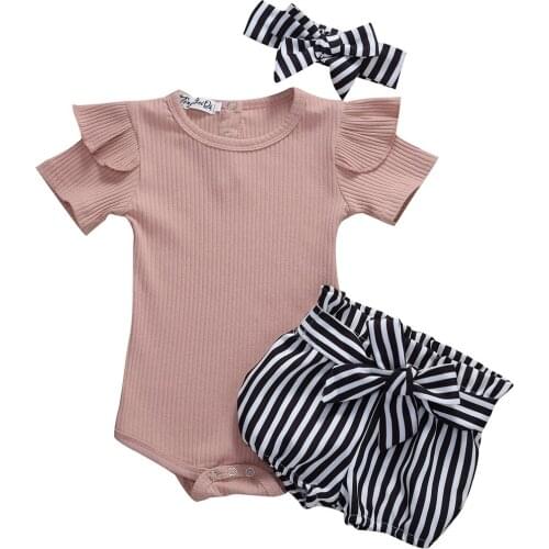 Casual Newborn Toddler Kids Baby Girl Clothes Tops Romper+Striped Shorts 3pcs Jumpsuit Playsuit Outfits Set Clothes 0-24M