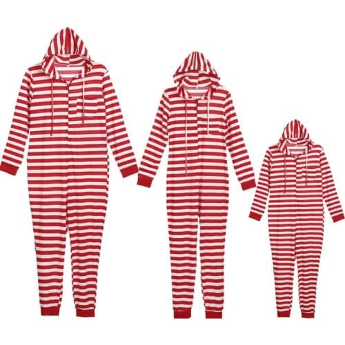 Christmas Family Matching Outfit Red Striped Hooded One-piece Pajamas 2019 Xmas Adults Kids Women Men Sleepwear Cotton Nightwear