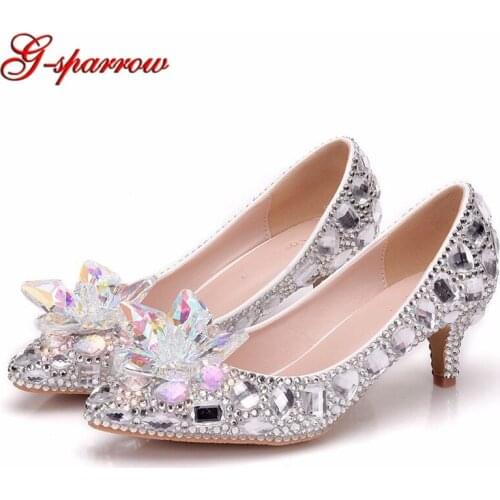 5cm Pointed Toe Wedding Shoes Silver Rhinestone Crystal Flower Cinderella Prom Shoes Women Pumps Kitten Heel Bridesmaid Shoes