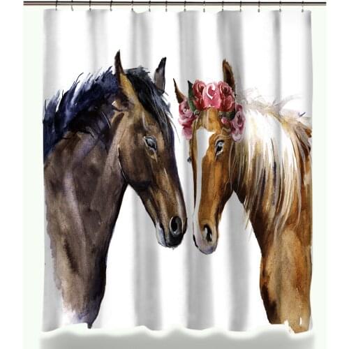 Creative Horses Pattern Shower Curtain Sets Bedroom Waterproof Fabric Coral Velvet Anti-slip Bath Mat With 12 Hooks