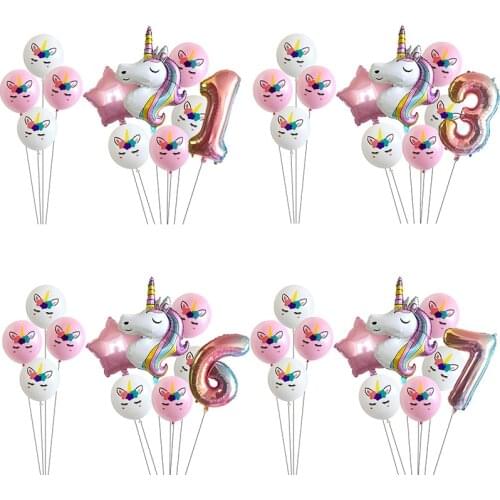 11pcs Unicorn 7pcs birthday balloons set baby girl 1 2 3 4 5 6 7 8 9 years old Number balloons decorations Birthday party globos
