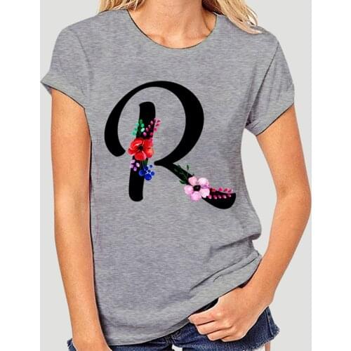 26 Flower Letter Women T-shirt A To Z Floral Combination Flowers Short Sleeve Casual Korean Style High Quality T-shirt