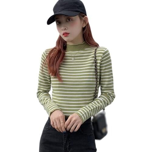 Womens Fashion Striped Tshirt Half-neck Korean Style Knit Slim Long-sleeved Tee Shirt Tops