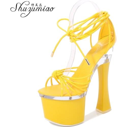Shuzumiao Wedding Shoes Thick Heel Lace-up Womens Sandals Narrow Band High Heels 2021 New 17cm Sexy Platform Heels Pole Dance
