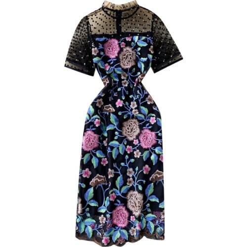 2021 New Summer Women Stand Collar Short Sleeve Slim Dress High Quality Flowers Embroidery Dots Mesh Elegant Dress