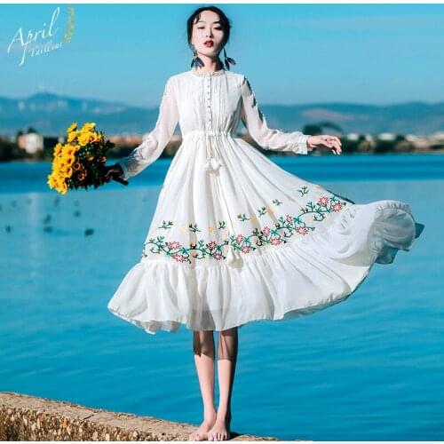 2020 summer new fashion brand embroidery vacation beach dress female high quality single breasted ruffles retro dress wj2414