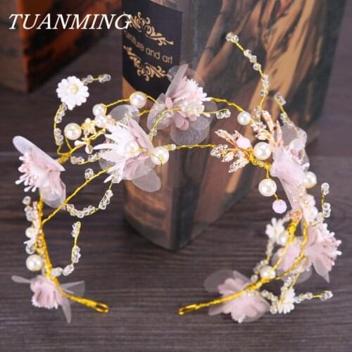 Golden Yarn Flower Hairbands For Women Bride Hair Accessories Headband Pearl Wedding Tiaras Bridal Hair Tiara Crown