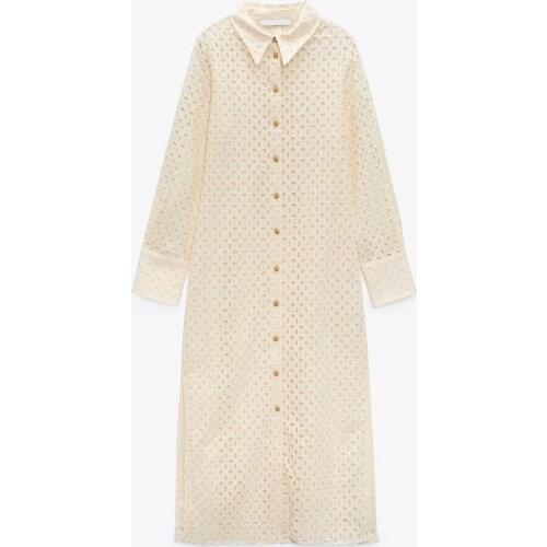 2021 Spring Summer Women Sexy Hollow Shirt Midi Dress Chic Embroidery Long Sleeve Elegant Party Dersses Ladies Vestidos