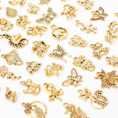 50pcs/Lot Mixed Styles Antique Gold Color Zinc Alloy Random Mixed Animal Charms Pendant DIY Handmade Craft For Jewelry Making