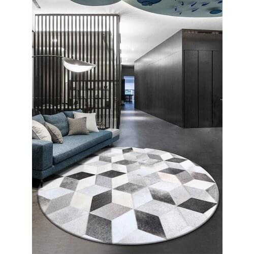 American Style Luxury Grey Cowhide Seamed Round Patch Work Rug Natural Milch Cow Skin Carpet for Living Room Decoration Fur Mat