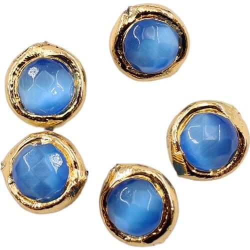 APDGG 10Pcs 15MM Natural Blue Cat eye Loose Beads Gold Plated Connector Beads For Necklace Pendant Jewelry DIY