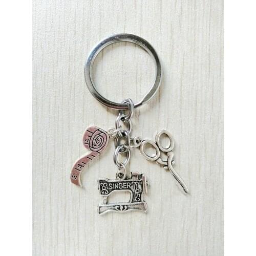 Sewing machine keychain, scissors and tape measure seamstress keychain, tailored keychain, friends fashion gift