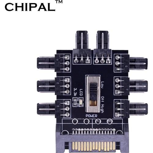CHIPAL 15Pin SATA Power 1 to 8 Multi Way Splitter 3Pin 12V Cooling Fan Cooler Hub 2 Level Speed Controller for PC Computer