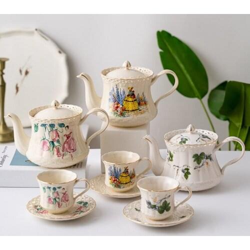 Elegant British Teapots Set Ceramic Hollow Coffee Cup Saucer Afternoon Flower Tea Drinking Mugs Pots Household Kettles Teaware