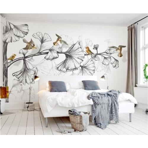Custom wall wallpaper living room bedroom murals black and white sketch ginkgo leaves 3d flying birds TV 3d wallpaper