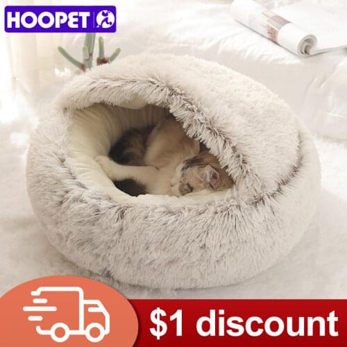 HOOPET New Style Pet Dog Cat Bed Round Plush Cat Warm Bed House Soft Long Plush Bed For Small Dogs For Cats Nest 2 In 1 Cat Bed