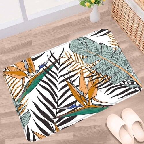 Hand-painted leaves Bathroom Mat Green Plants Flower Palm Leaf Monstera Non-slip Rugs Flannel Decor Bath Kitchen Doorway Carpets