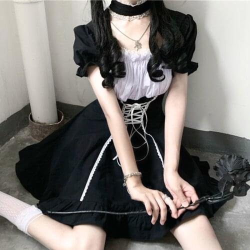 Japanese Soft Sister Cute Lolita Dress Women Victorian Gothic Puff Sleeve Slim Dress JK Retro Dark Girls Bandage Maid Dress