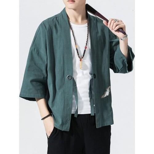 Chinese Style Mens Loose Hanfu Tops Summer Fashion Solid Color Crane Embroidery Lacing Long Sleeve Thin Cardigan Vintage Coat