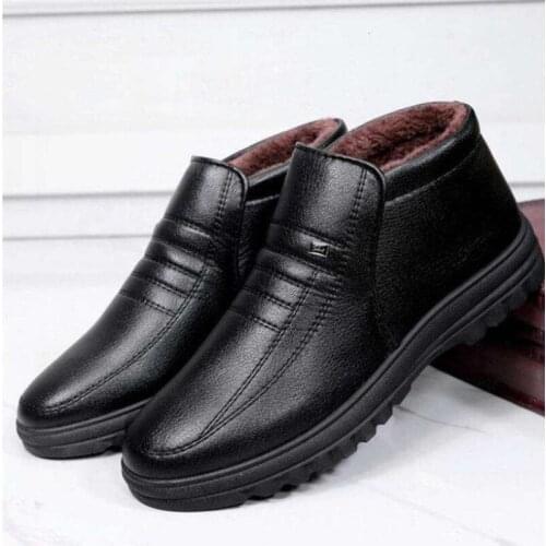 Winter Waterproof Mens Casual Leather Shoes Flannel High Top Slip-on Male Casual Shoes Rubber Warm Winter Shoes for Mens