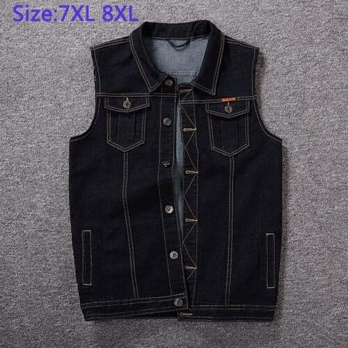 7XL 8XL Mens Denim Vest Jacket Cotton High Quality Very Large Super Jacket Black Big Man Extra Obese Plus Size XXL-6XL 7XL 8XL