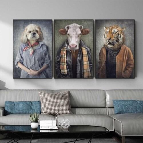 Nordic Vintage Art Animals in Human Clothes Canvas Paintings On the Wall Art Posters And Prints Tiger In Suit Canvas Pictures