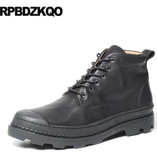 Flat Lace Up Shoes Military Booties Army Brown Winter Fur Short Black Korean Fall Full Grain Leather Men Retro Combat Boots Male