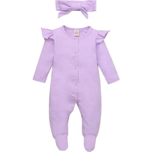 Baby Girls Solid Color Jumpsuit, Long Sleeve Round Collar Button Open Front One-piece, Wine Red/ Pink/ Purple