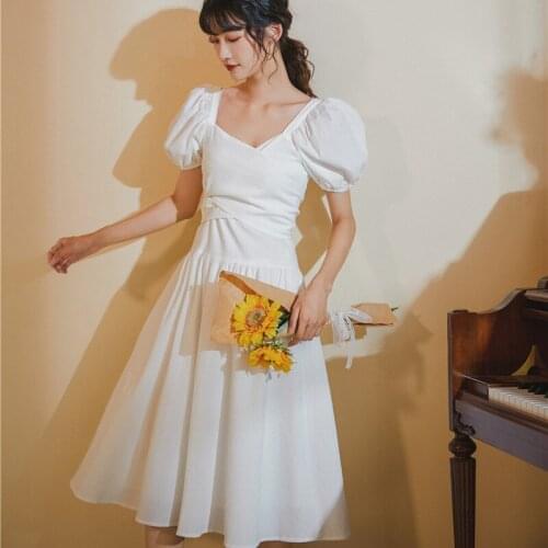 French White Puff Sleeve Dress Temperament Fairy Chic Gentle Backless Bow Party Dress 2021 Summer New