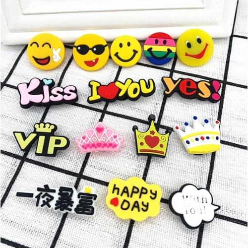 1PCS Hot Cute Cartoon Text Smiley Face Shoe Charms PVC Soft Rubber Garden Shoes Silicone Decoration for Croc Buckle Kids Gifts