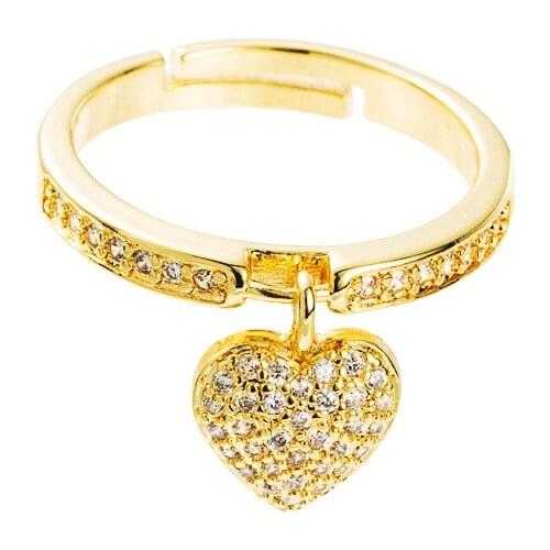 Adjustable Copper Heart Shape Zircon Open Ring Fashion Gold Color Finger Women Jewelry Lady Gift Party