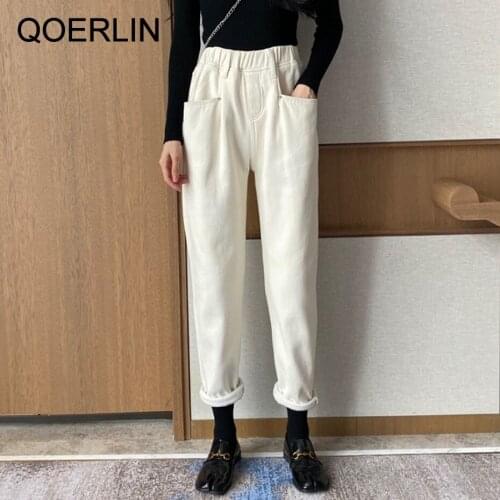 Vintage Winter Plus Velvet Keep Warm Jeans Women Elastic Waist Pants High Waist White Pants Denim Mom Jeans Trouser Ankle Length