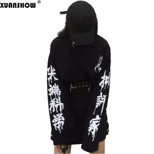 XUANSHOW Oversized Tops Harajuku Punk Gothic Women Streetwear Cutting Edge Science Letter Print Pullover Long Sleeve Tracksuit