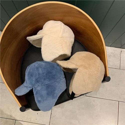 Korea 4 Colors Women Bomber Hat Solid Faux Rabbit Fur Earflap Outdoors Winter Warm Trapper Cap Ski Snow Russian Ushanka Hat 2019