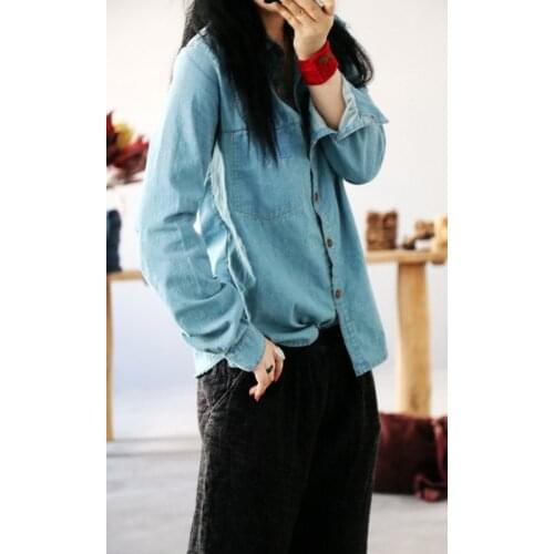 Women Bleached Patchwork denim Shirt Vintage Loose Ladies Denim Blouse Tops Female 2021 Spring Autumn Shirt