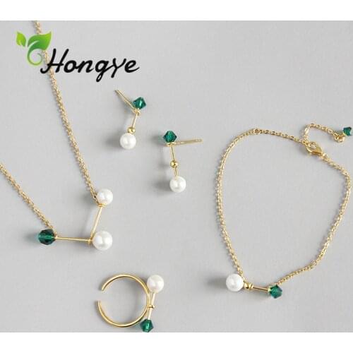 Hongye 925 Sterling Silver Set Women 4A Zircon Shell Pearl Earrings Rings Gold Color Girls Wedding Set New Costume Jewelry Kits