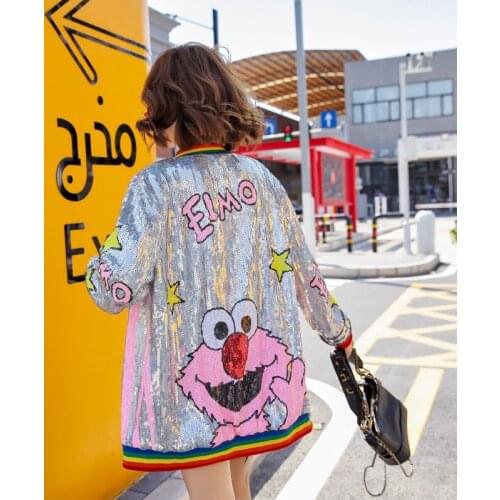 Women Plus Size Loose Outfit Mandarin Collar Long Sleeve Coat Cartoon Pattern Sequins Cardigan