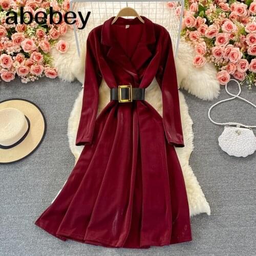 2021 New Spring Autumn Elegant suit collar long sleeve Dress high waist pleated lace up waist mid-long A-line big skirt Dress