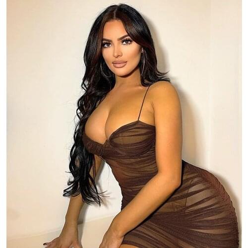 2021 Summer Sexy Women Spaghetti Straps Transparent Mesh Bandage Dress Elegant Birthday Holiday Ladies Pleated Party Dress Vinta